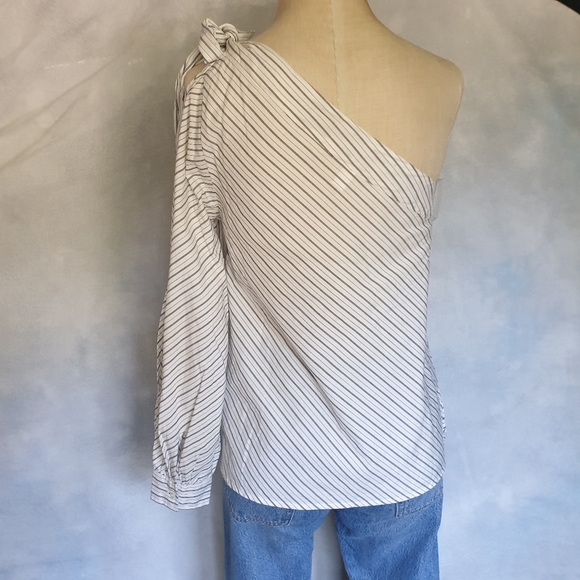 BP. Black & White Pinstripe Split Long Sleeve One Shoulder Dress Blouse Sz XXS - Picture 6 of 16
